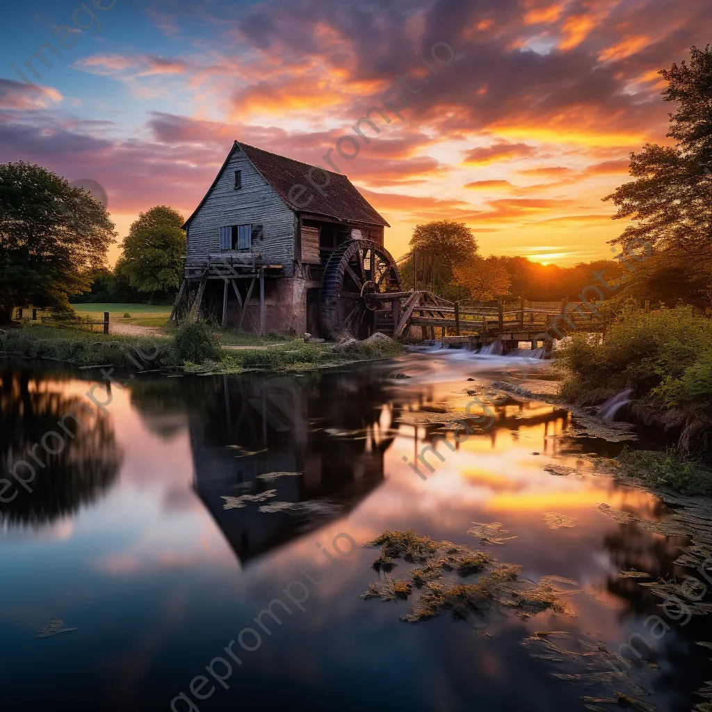 Watermill reflecting in still water during golden hour - Image 4