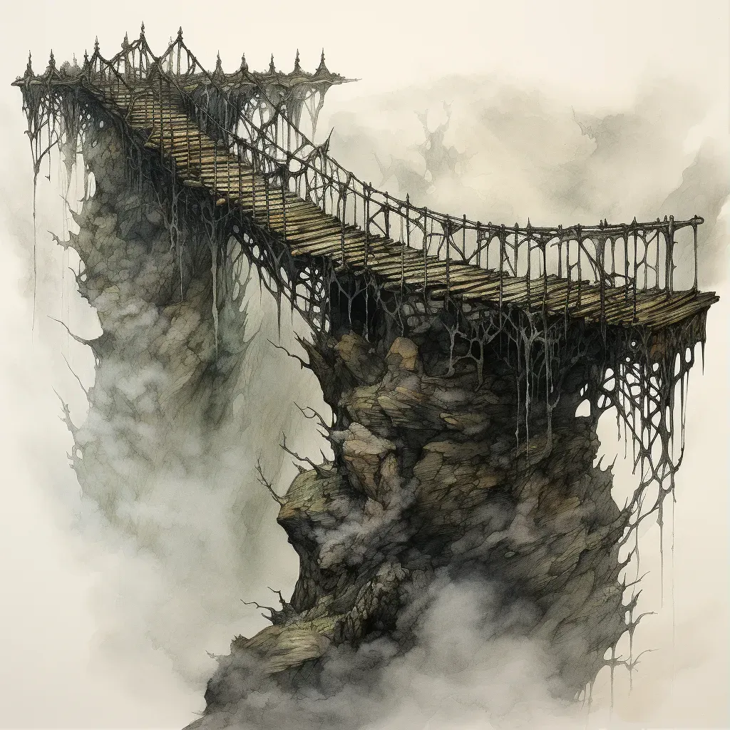 Suspension bridge enveloped in mist over an abyss - Image 1