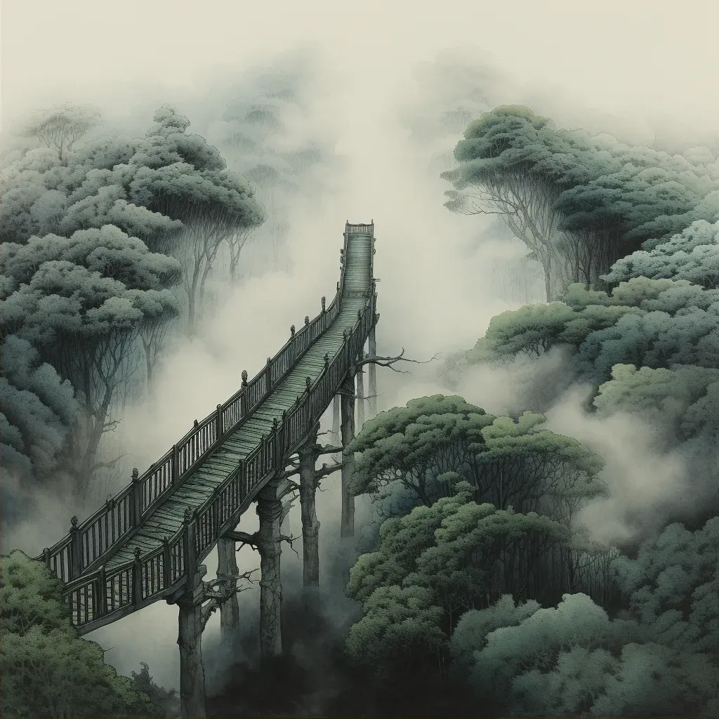 Suspension bridge enveloped in mist over an abyss - Image 2