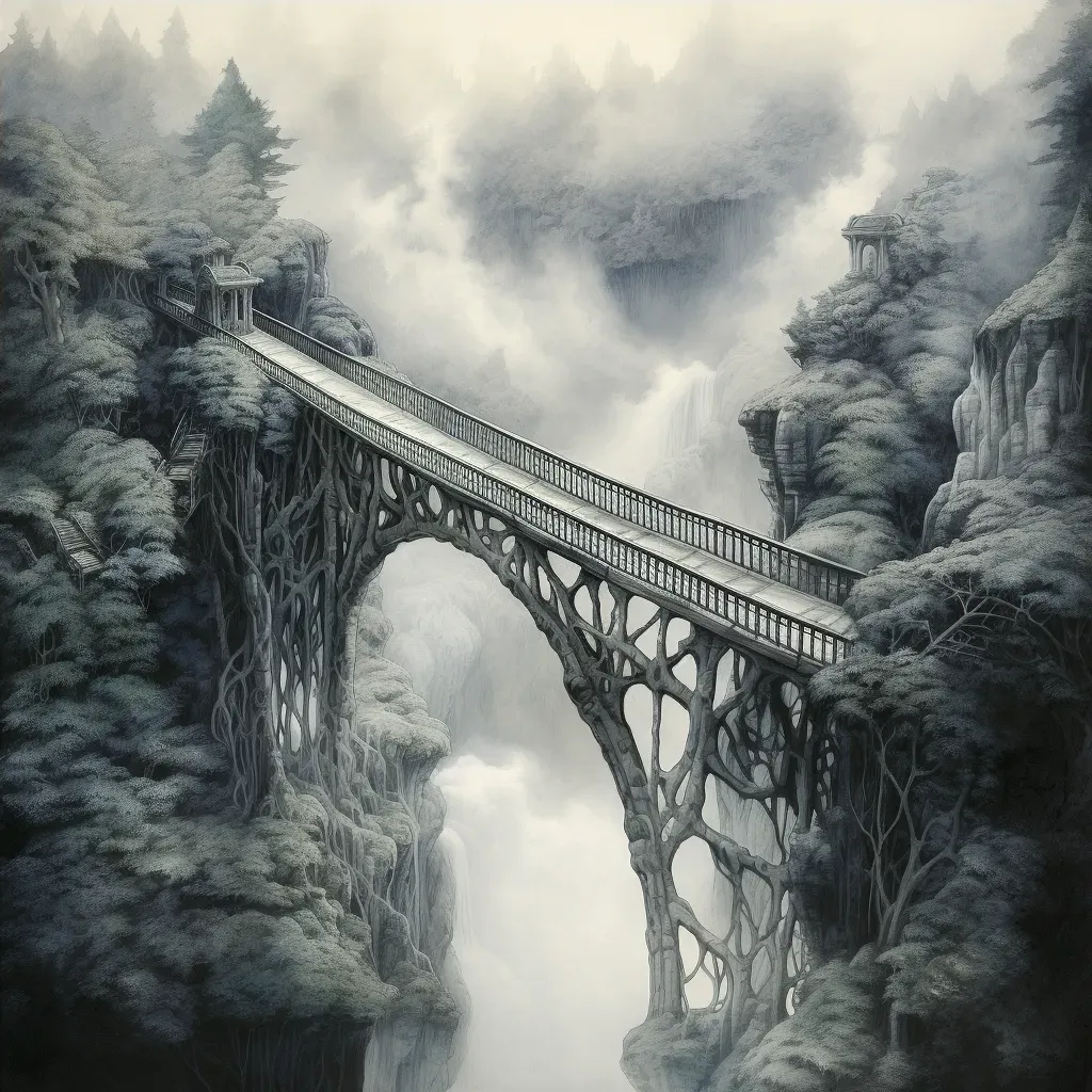 Suspension bridge enveloped in mist over an abyss - Image 4