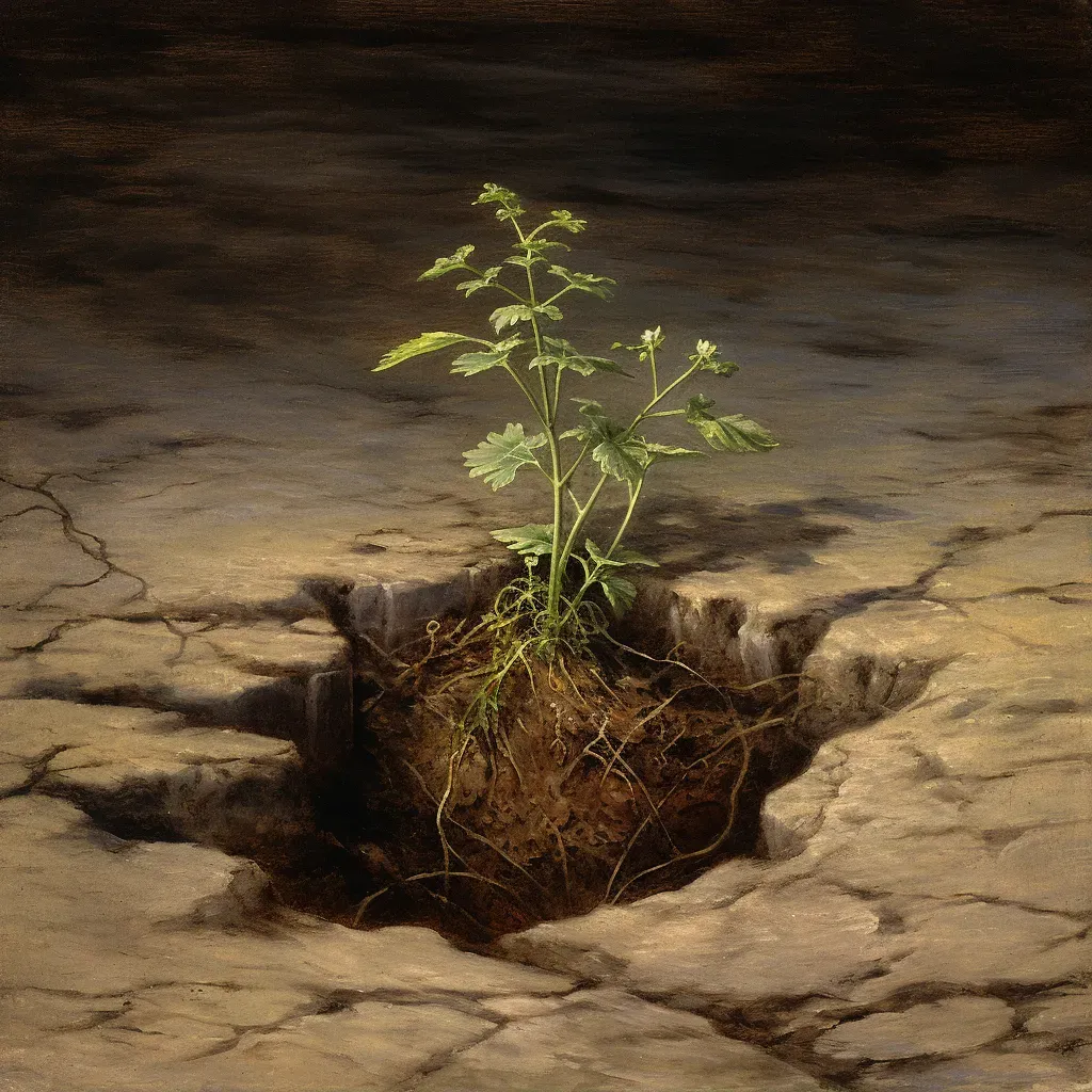 Artistic depiction of seedling sprouting from cracked earth, symbolizing resilience and growth - Image 1