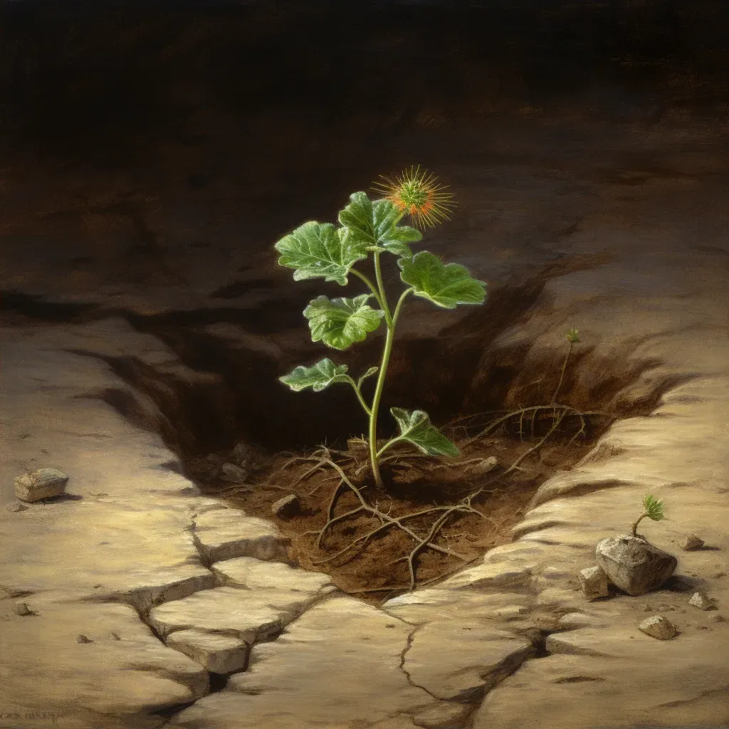 Artistic depiction of seedling sprouting from cracked earth, symbolizing resilience and growth - Image 2