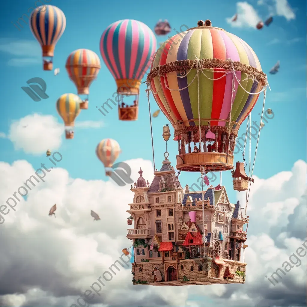 Floating city of hot air balloons in the clouds with whimsical creatures - Image 1