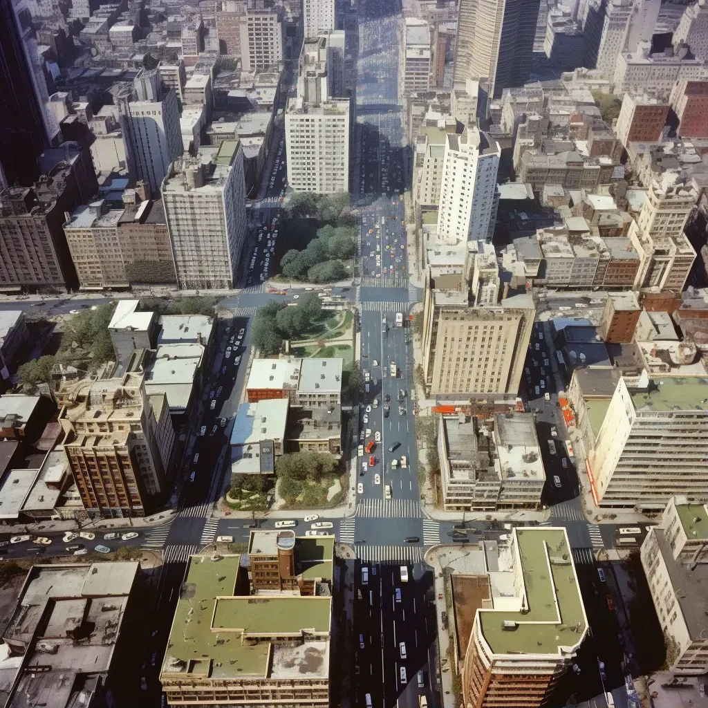 Aerial view of a cityscape with symmetrically aligned buildings and roads - Image 1