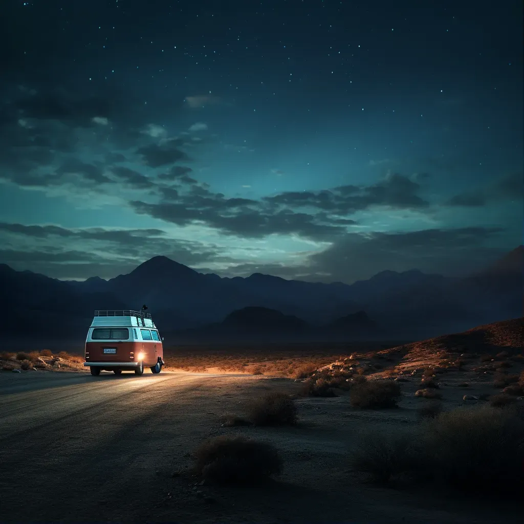 Image of vintage VW van parked on a desert road with starry sky and mountains in the distance - Image 1