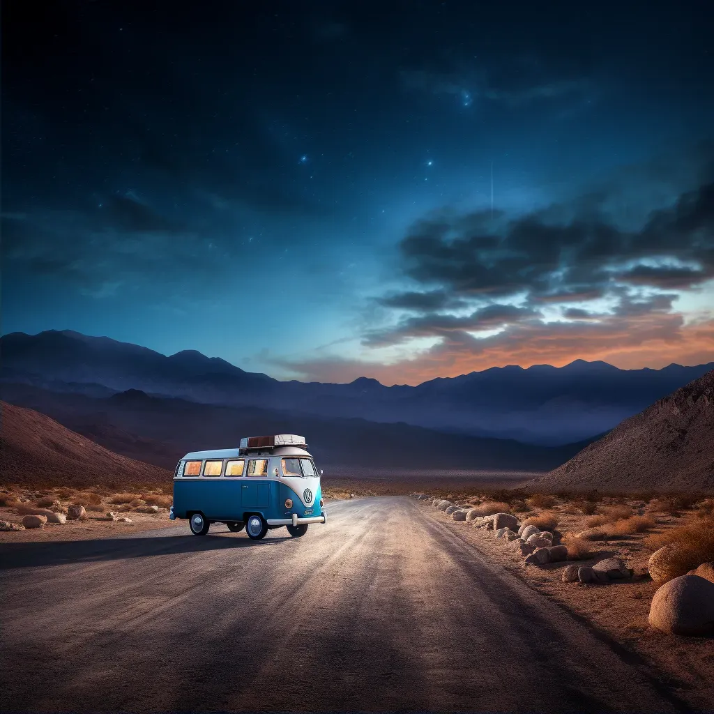 Image of vintage VW van parked on a desert road with starry sky and mountains in the distance - Image 2