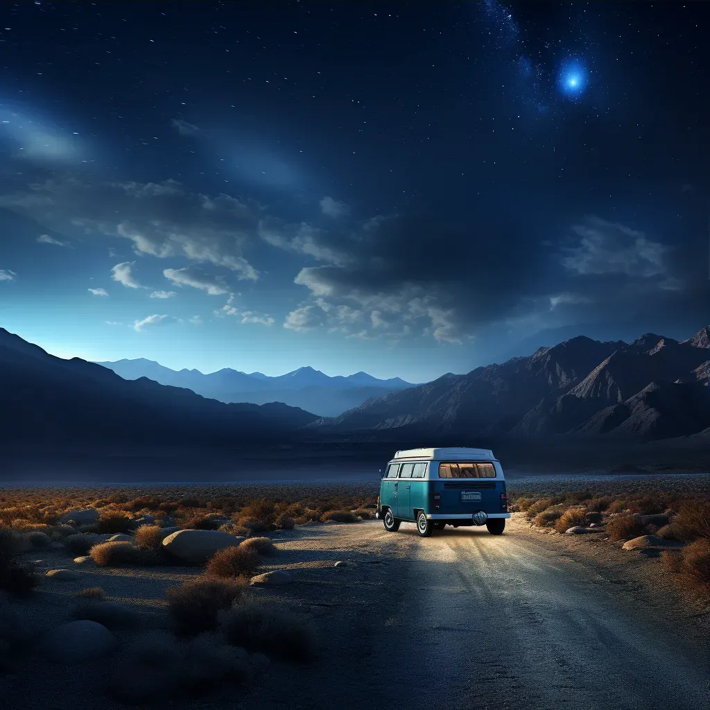 Image of vintage VW van parked on a desert road with starry sky and mountains in the distance - Image 3