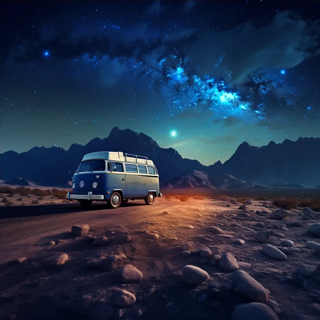 Image of vintage VW van parked on a desert road with starry sky and mountains in the distance - Image 4