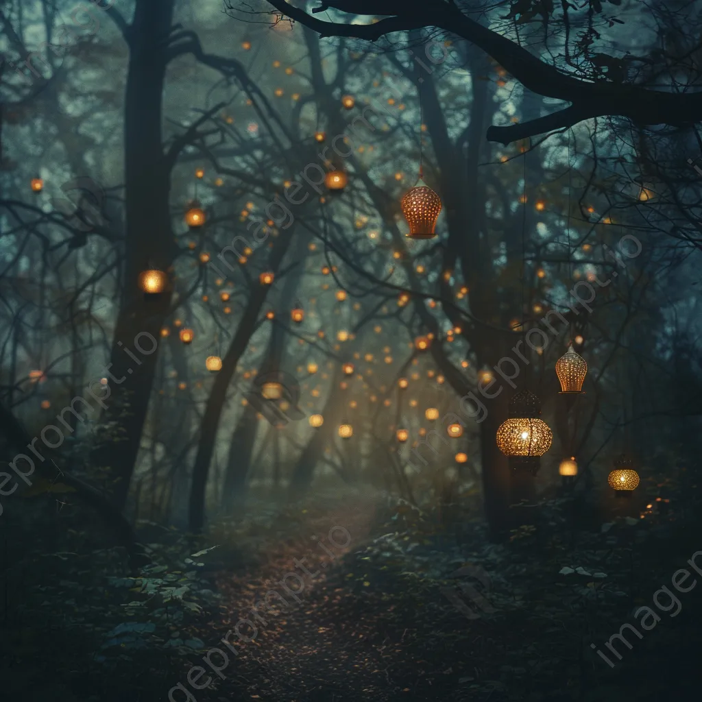 A forest path illuminated with floating lanterns surrounded by whimsical creatures and mist. - Image 1