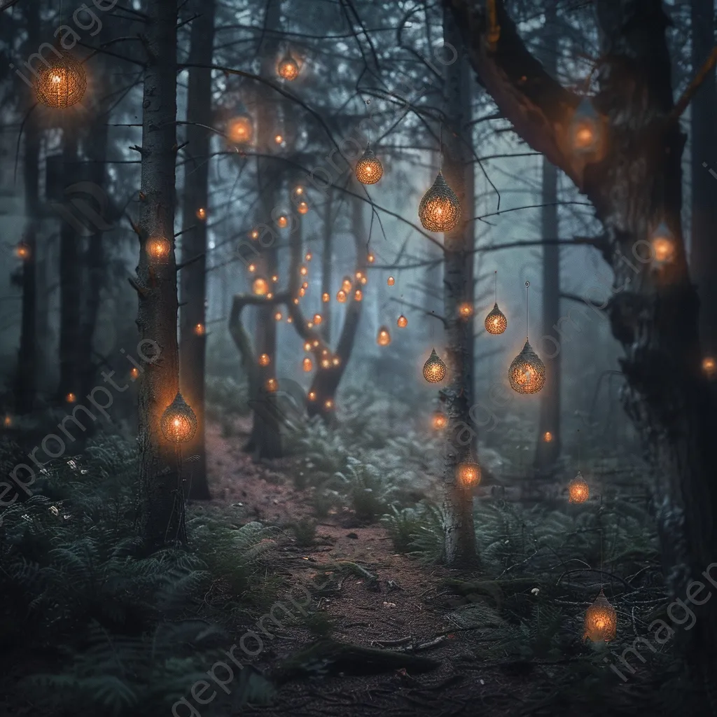 A forest path illuminated with floating lanterns surrounded by whimsical creatures and mist. - Image 2