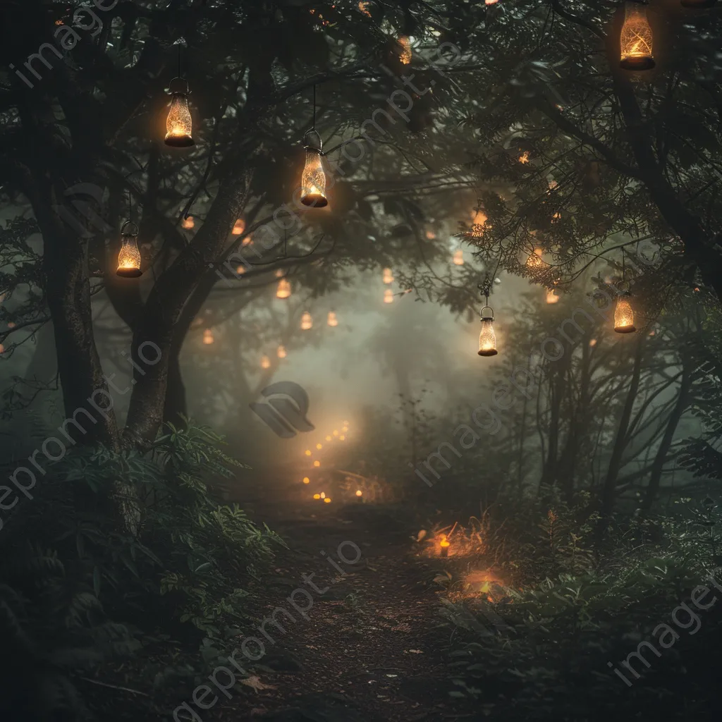 A forest path illuminated with floating lanterns surrounded by whimsical creatures and mist. - Image 3