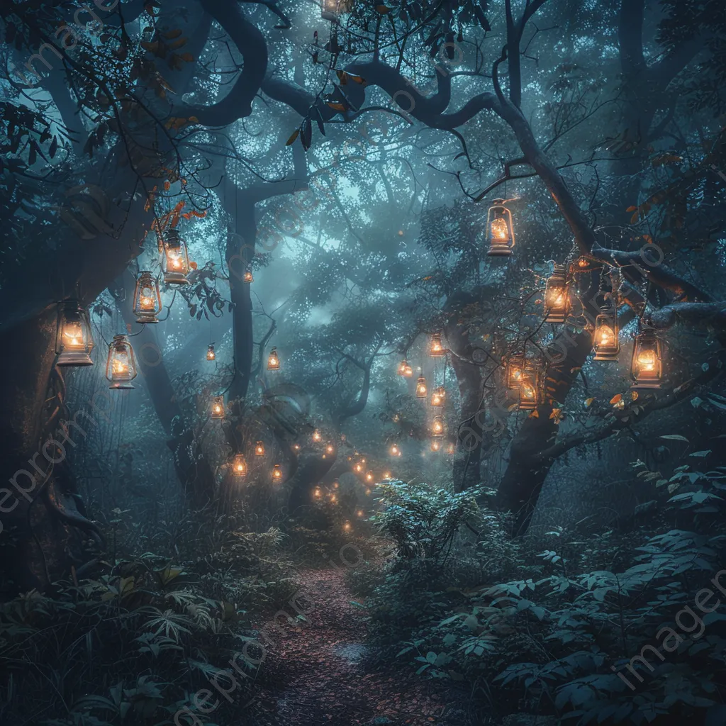 A forest path illuminated with floating lanterns surrounded by whimsical creatures and mist. - Image 4