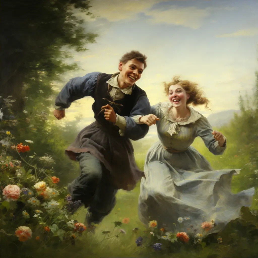 Image of a young couple playfully chasing in a blooming meadow, embodying the joy of new love - Image 2