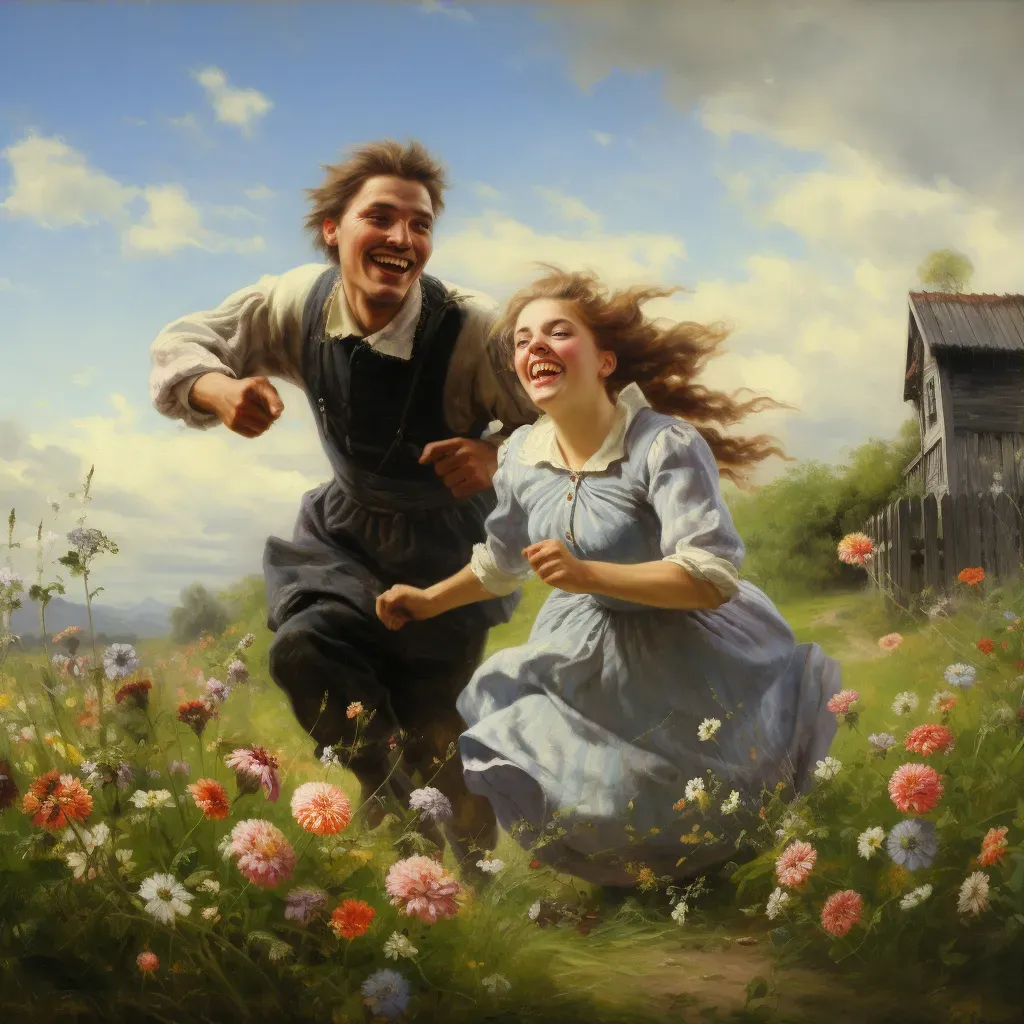 Image of a young couple playfully chasing in a blooming meadow, embodying the joy of new love - Image 3