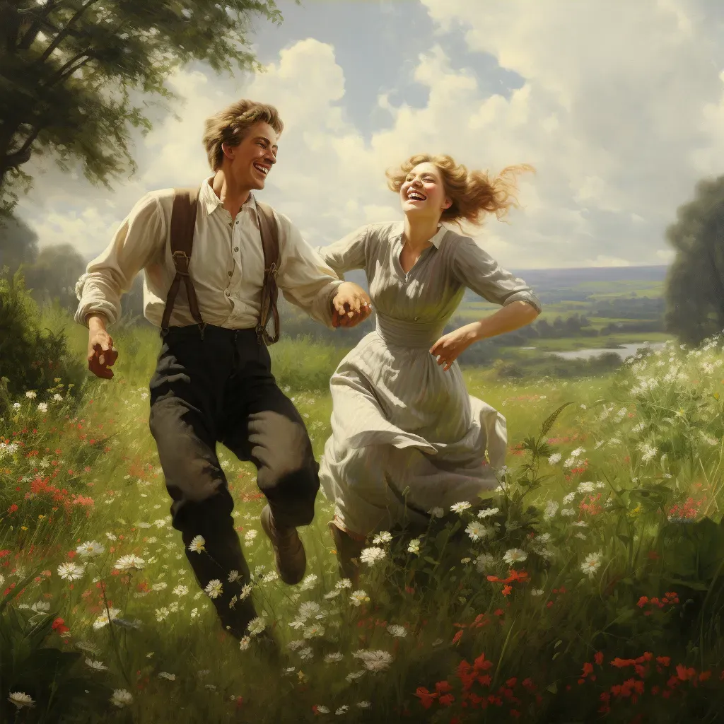 Image of a young couple playfully chasing in a blooming meadow, embodying the joy of new love - Image 4