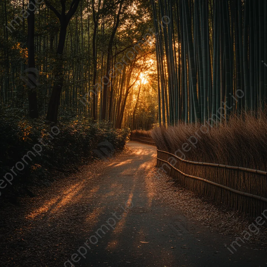 Pathway winding through a dense bamboo forest - Image 1