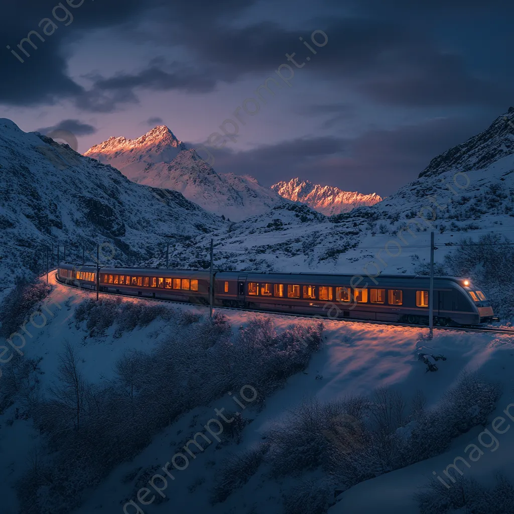 Luxury sleeper train in snowy mountains at twilight - Image 2