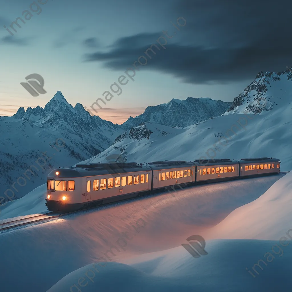 Luxury sleeper train in snowy mountains at twilight - Image 3