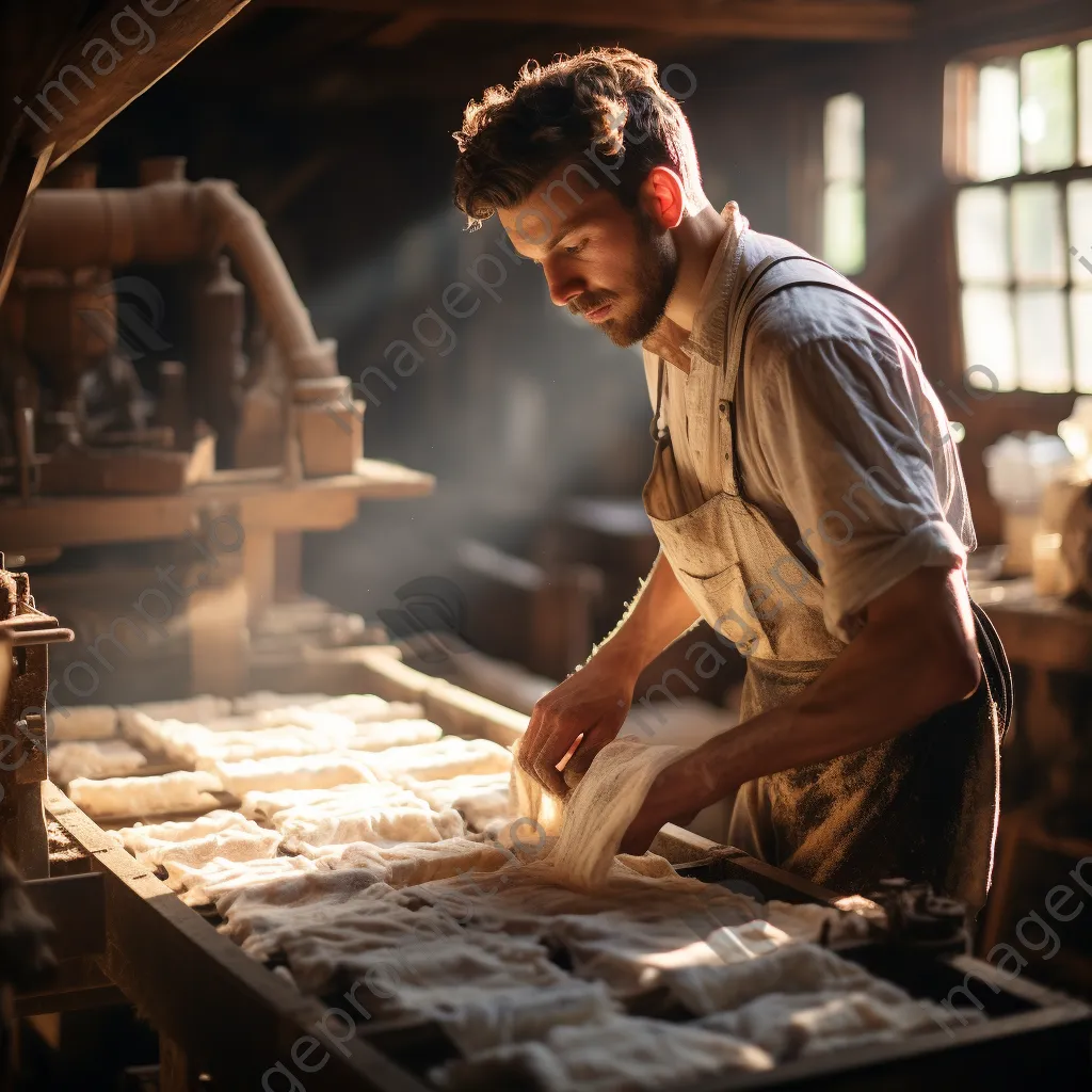 Artisan creating paper by hand in a historic workshop. - Image 1