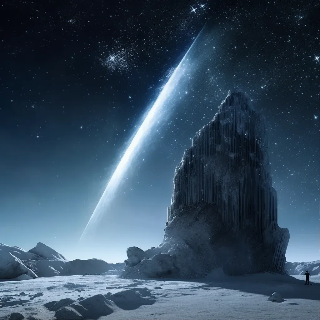 Comet surface with ice towers against starry sky and distant planet - Image 1