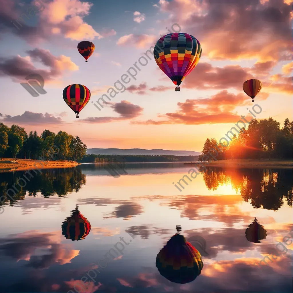 Hot air balloons over a peaceful lake reflecting the sunset colors - Image 1