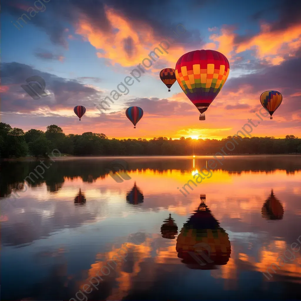 Hot air balloons over a peaceful lake reflecting the sunset colors - Image 2