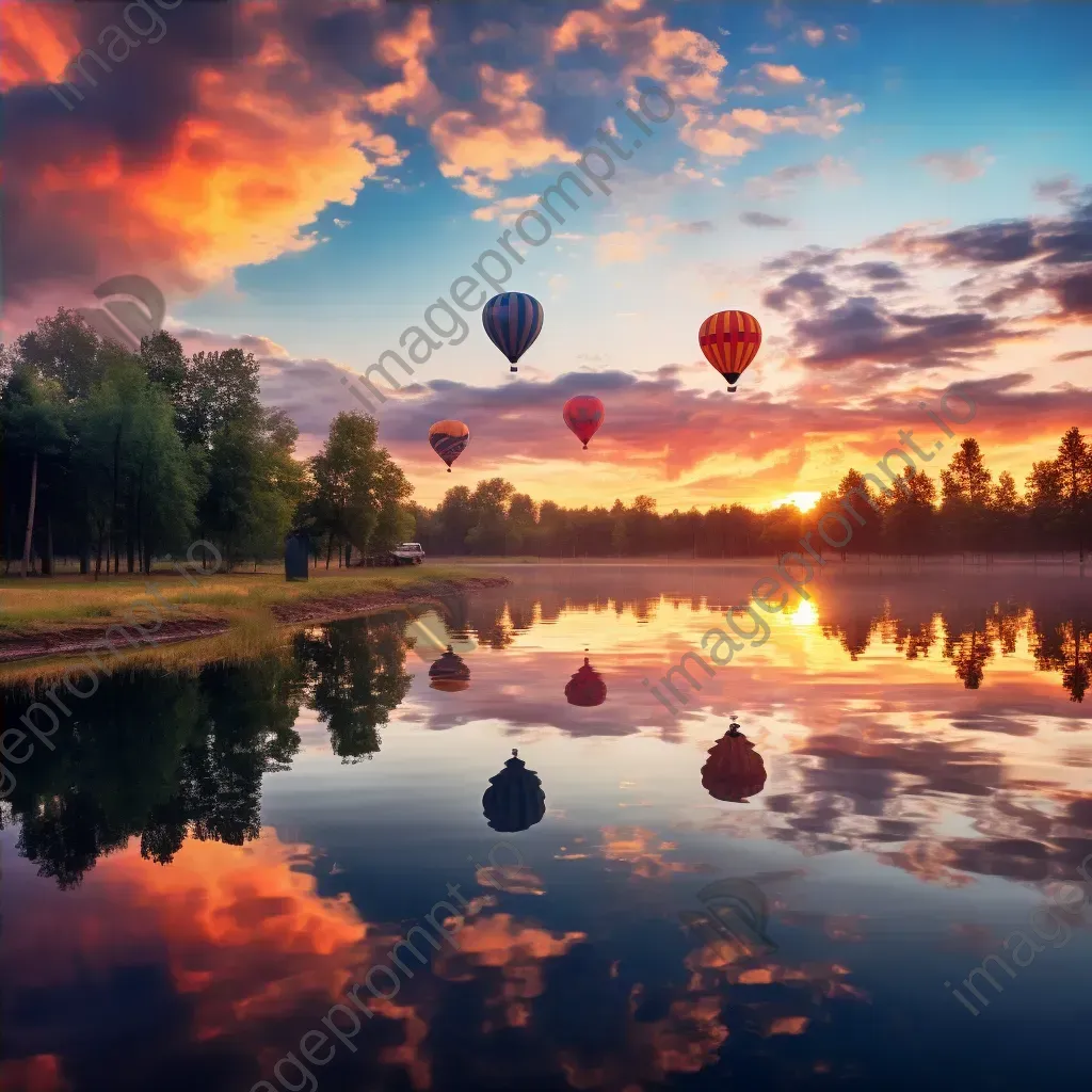 Hot air balloons over a peaceful lake reflecting the sunset colors - Image 4