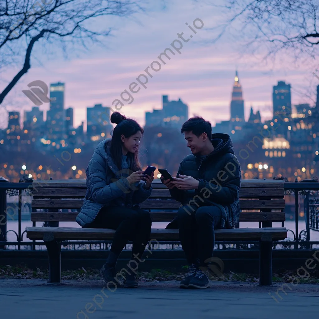 Couple using phone for digital payment on park bench - Image 2