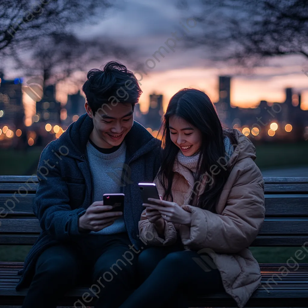 Couple using phone for digital payment on park bench - Image 3