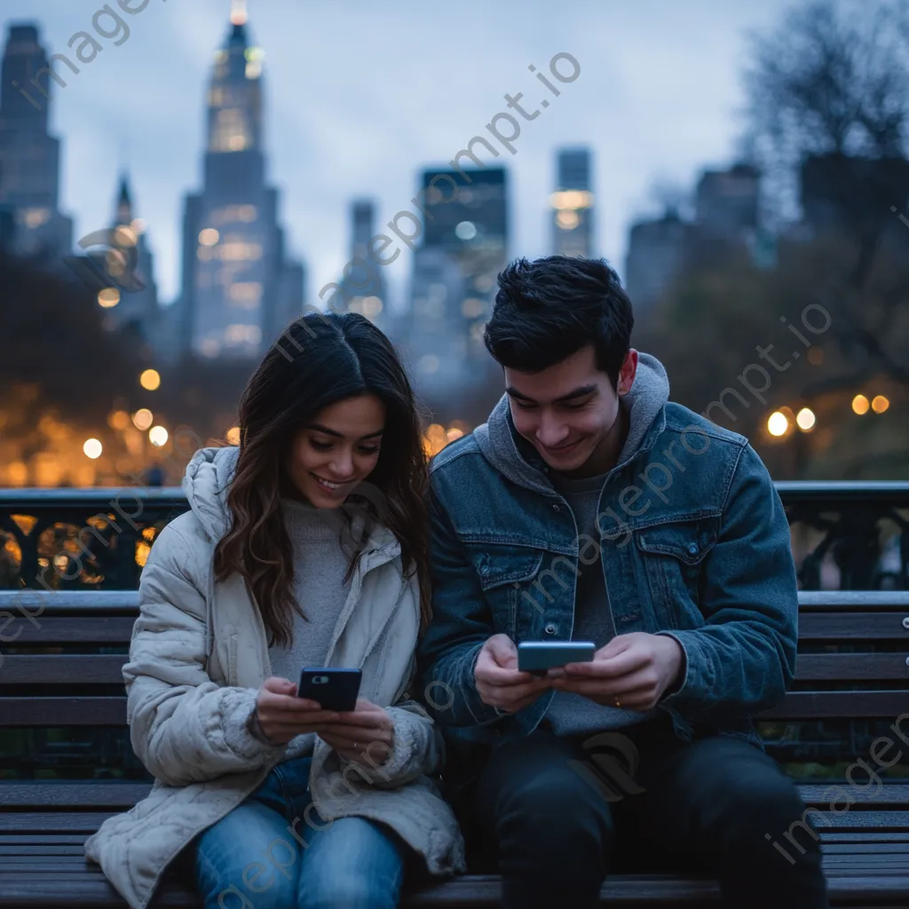 Couple using phone for digital payment on park bench - Image 4