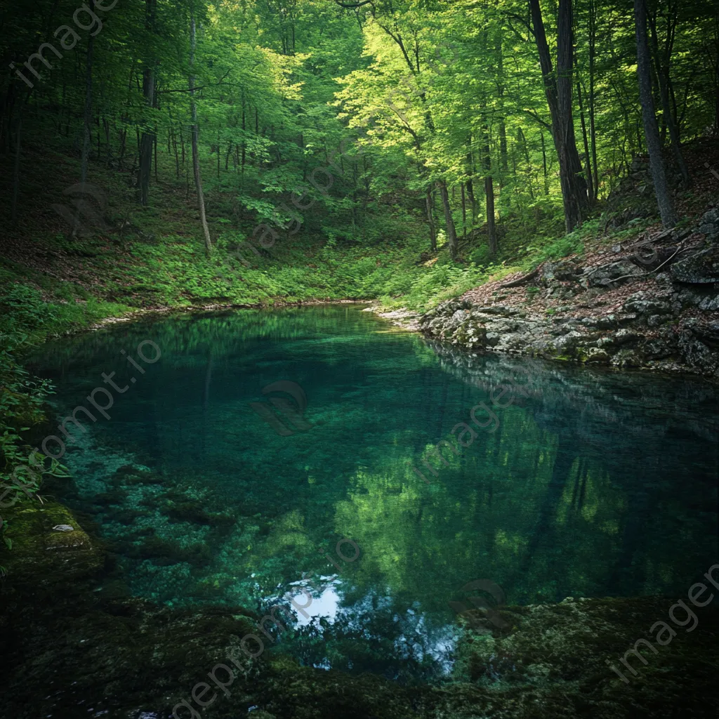 A secluded thermal spring hidden in a dense, vibrant green forest. - Image 1