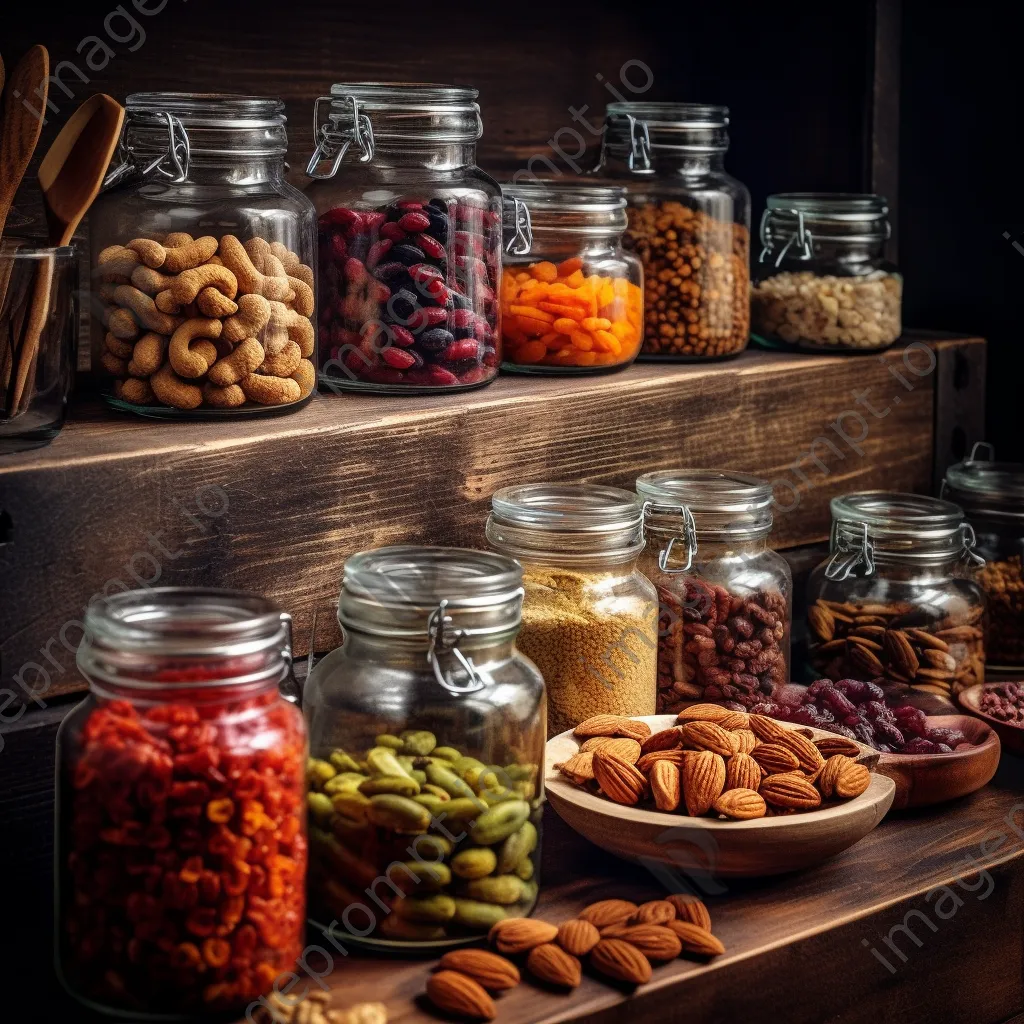 Glass jars filled with organic nuts and dried fruits. - Image 1