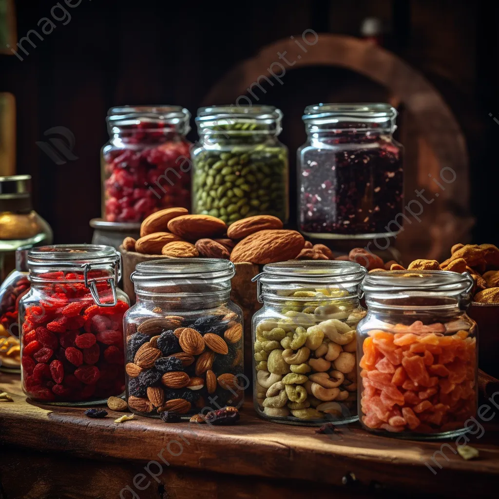 Glass jars filled with organic nuts and dried fruits. - Image 2