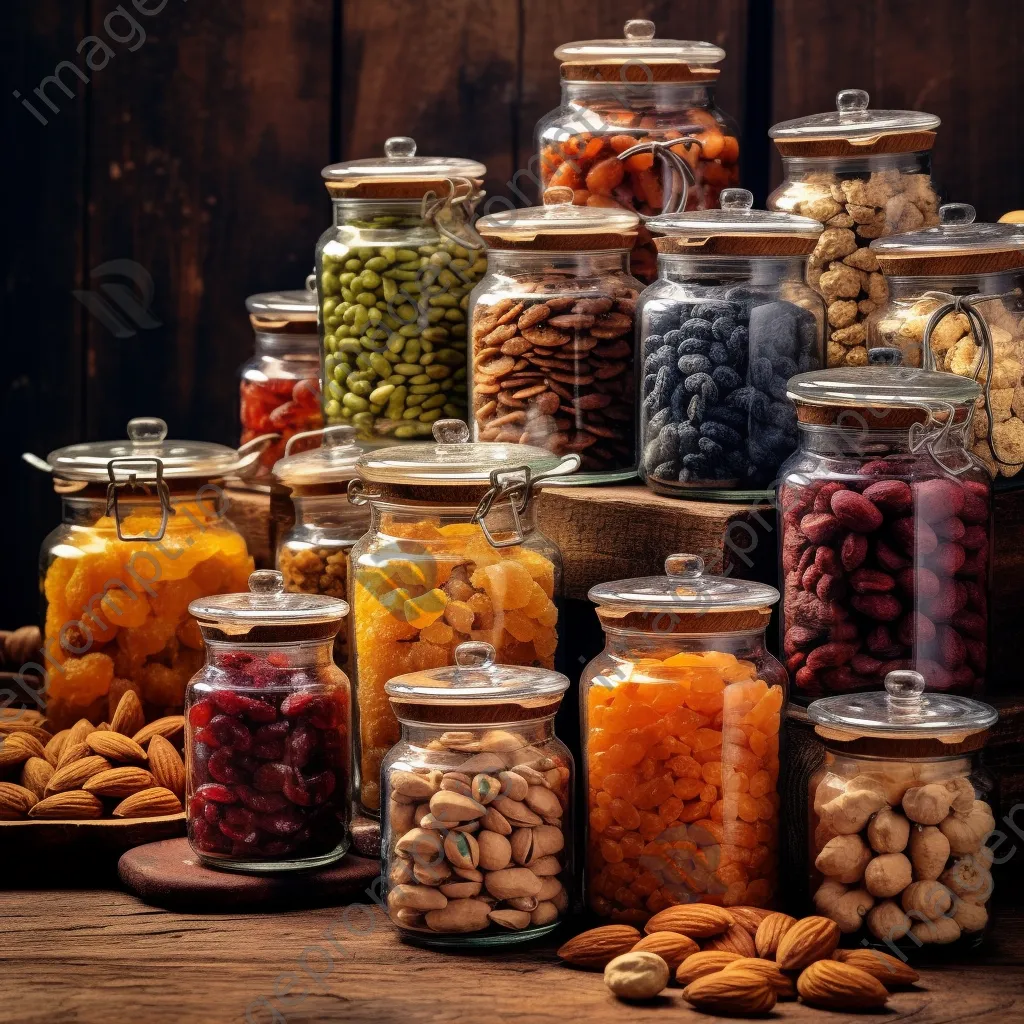 Glass jars filled with organic nuts and dried fruits. - Image 3