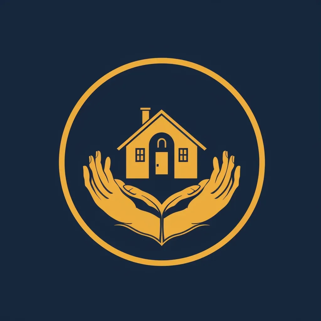 Logo with two hands coming together to create a house shape, in navy blue and gold. - Image 1