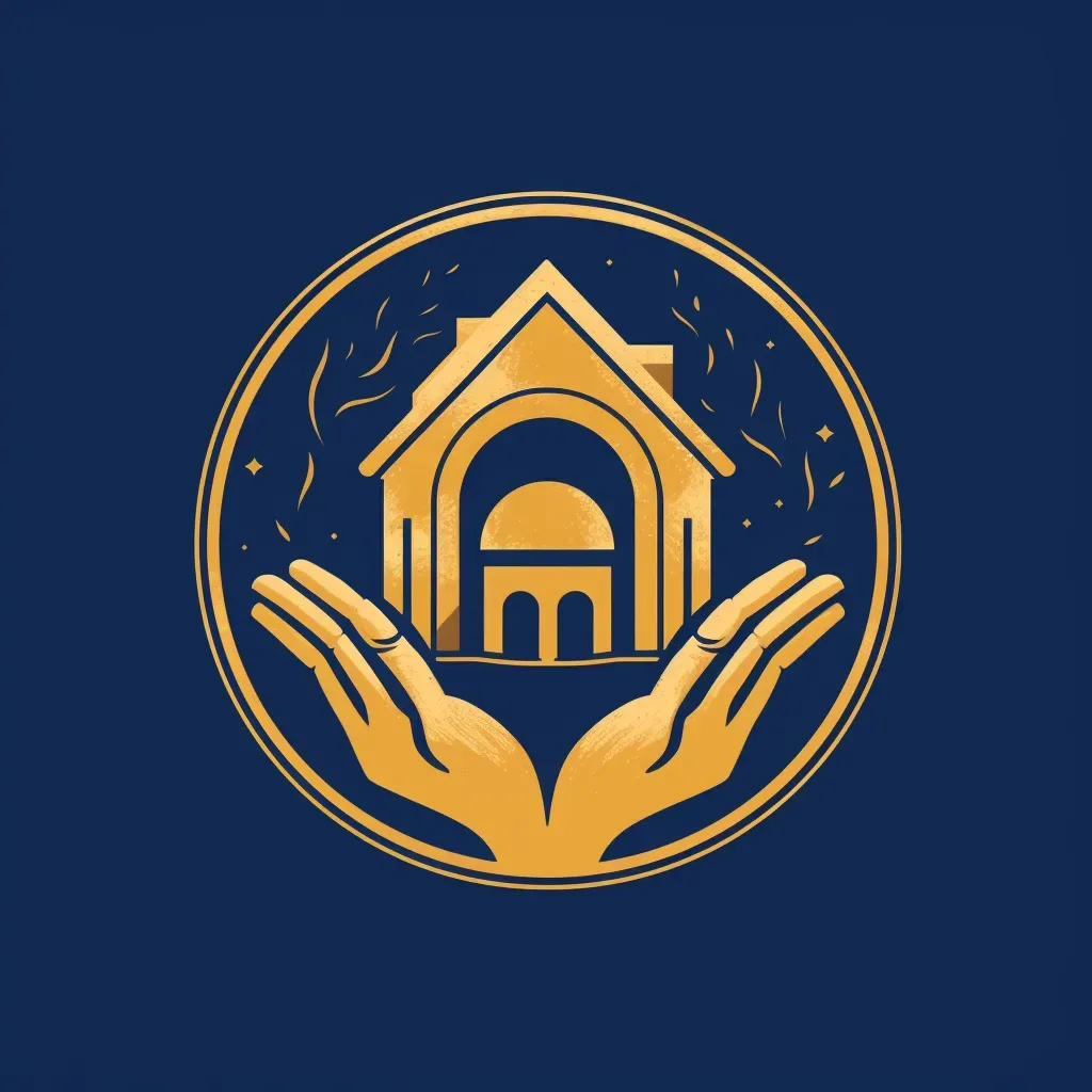 Logo with two hands coming together to create a house shape, in navy blue and gold. - Image 2