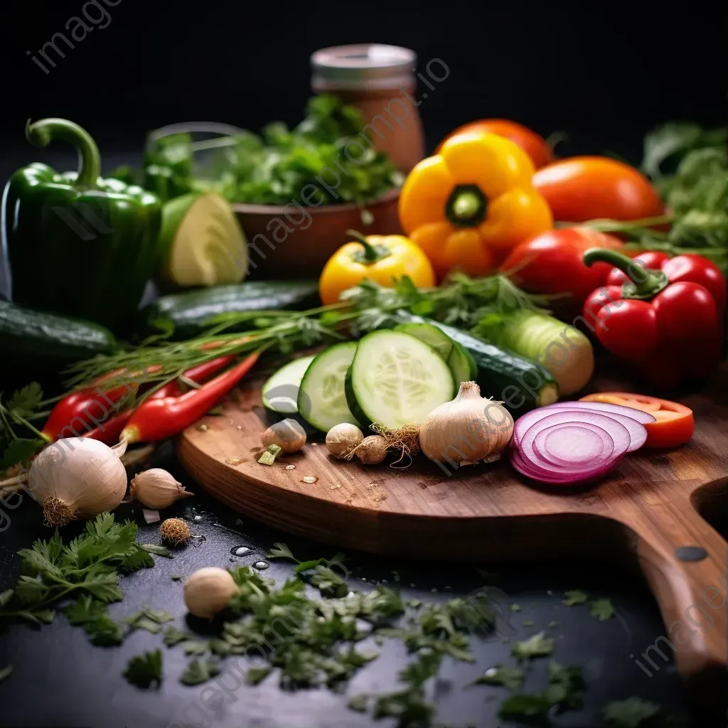 Top view of fresh vegetables and herbs on a kitchen counter with chopping board and knife - Image 1