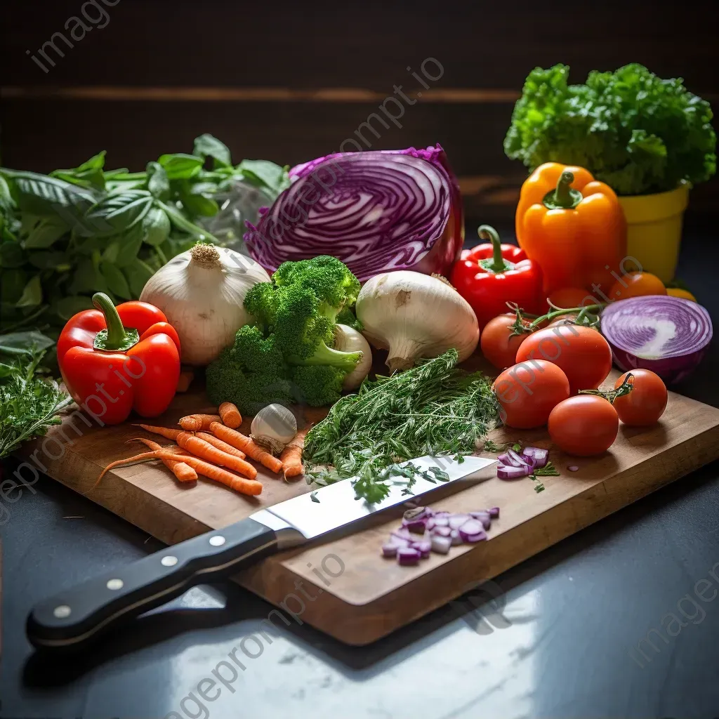 Top view of fresh vegetables and herbs on a kitchen counter with chopping board and knife - Image 2