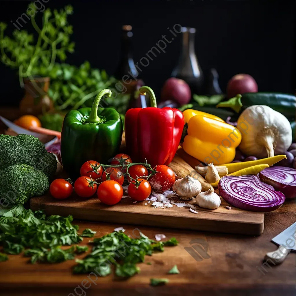 Top view of fresh vegetables and herbs on a kitchen counter with chopping board and knife - Image 3