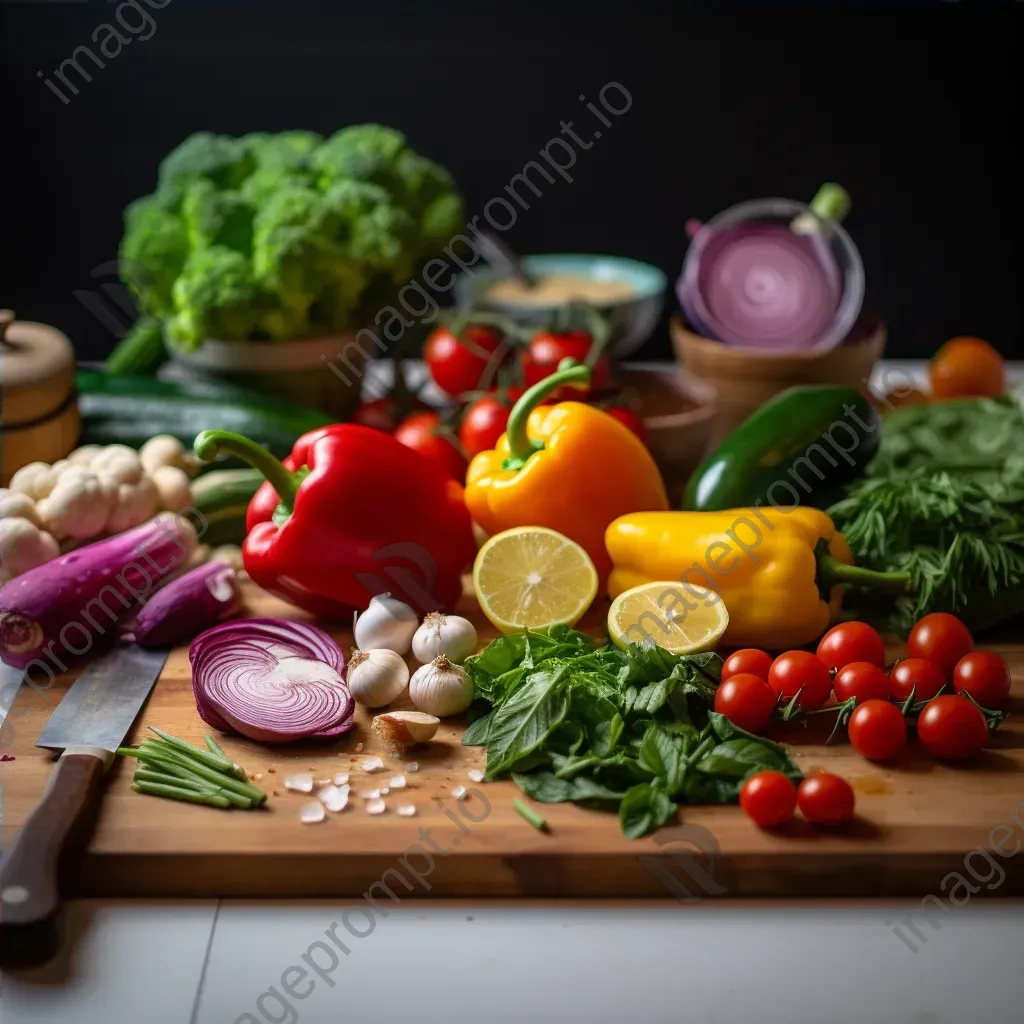 Top view of fresh vegetables and herbs on a kitchen counter with chopping board and knife - Image 4