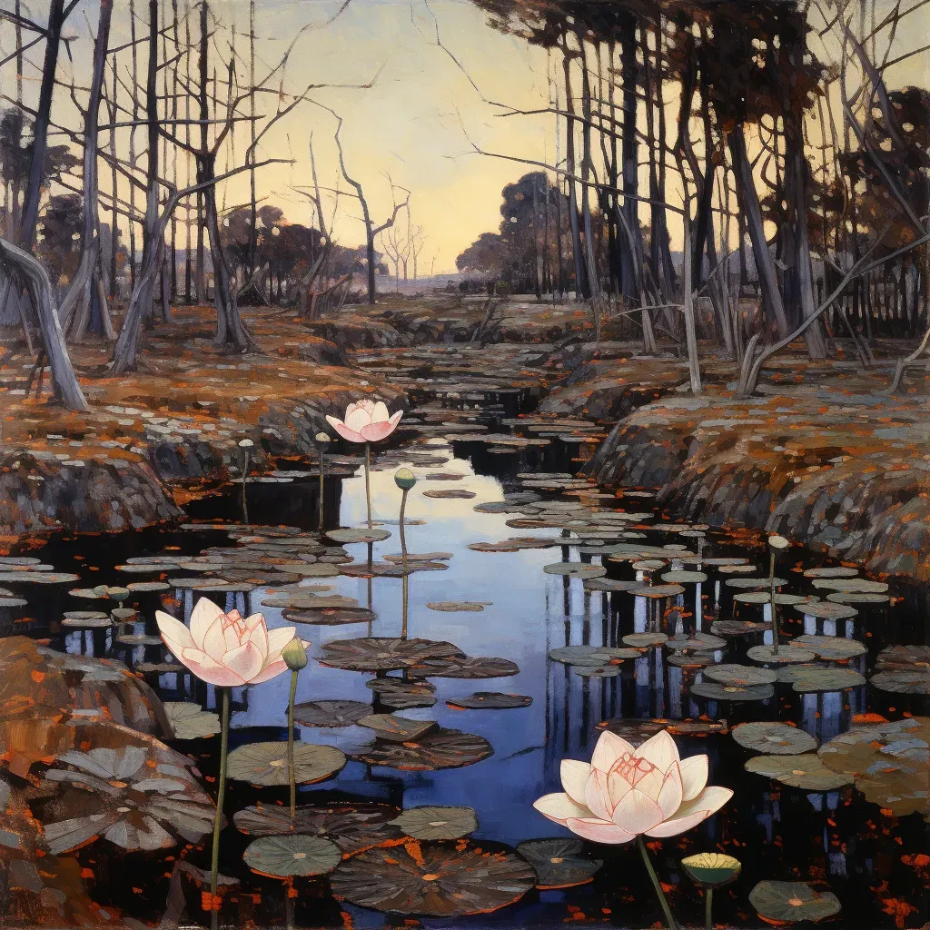 Tranquil pond with lotus flowers and dead leaves - Image 3