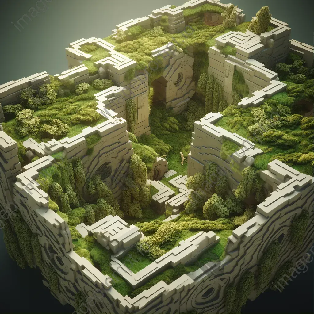 Isometric view of a low poly ancient labyrinth with moss-covered walls - Image 1