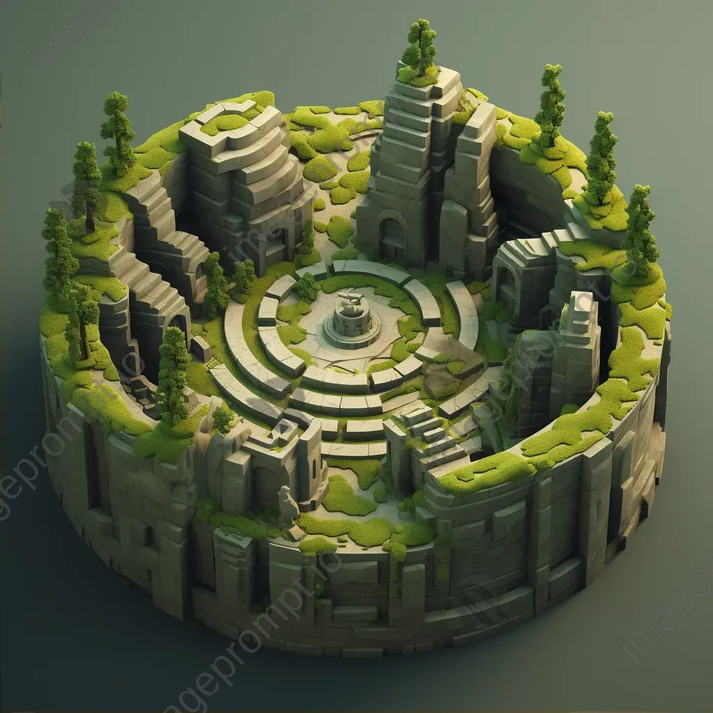 Isometric view of a low poly ancient labyrinth with moss-covered walls - Image 2