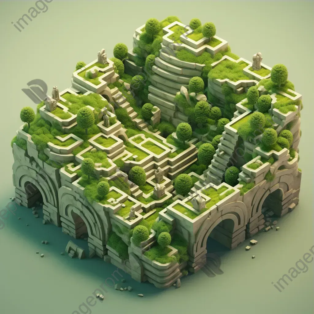 Isometric view of a low poly ancient labyrinth with moss-covered walls - Image 3