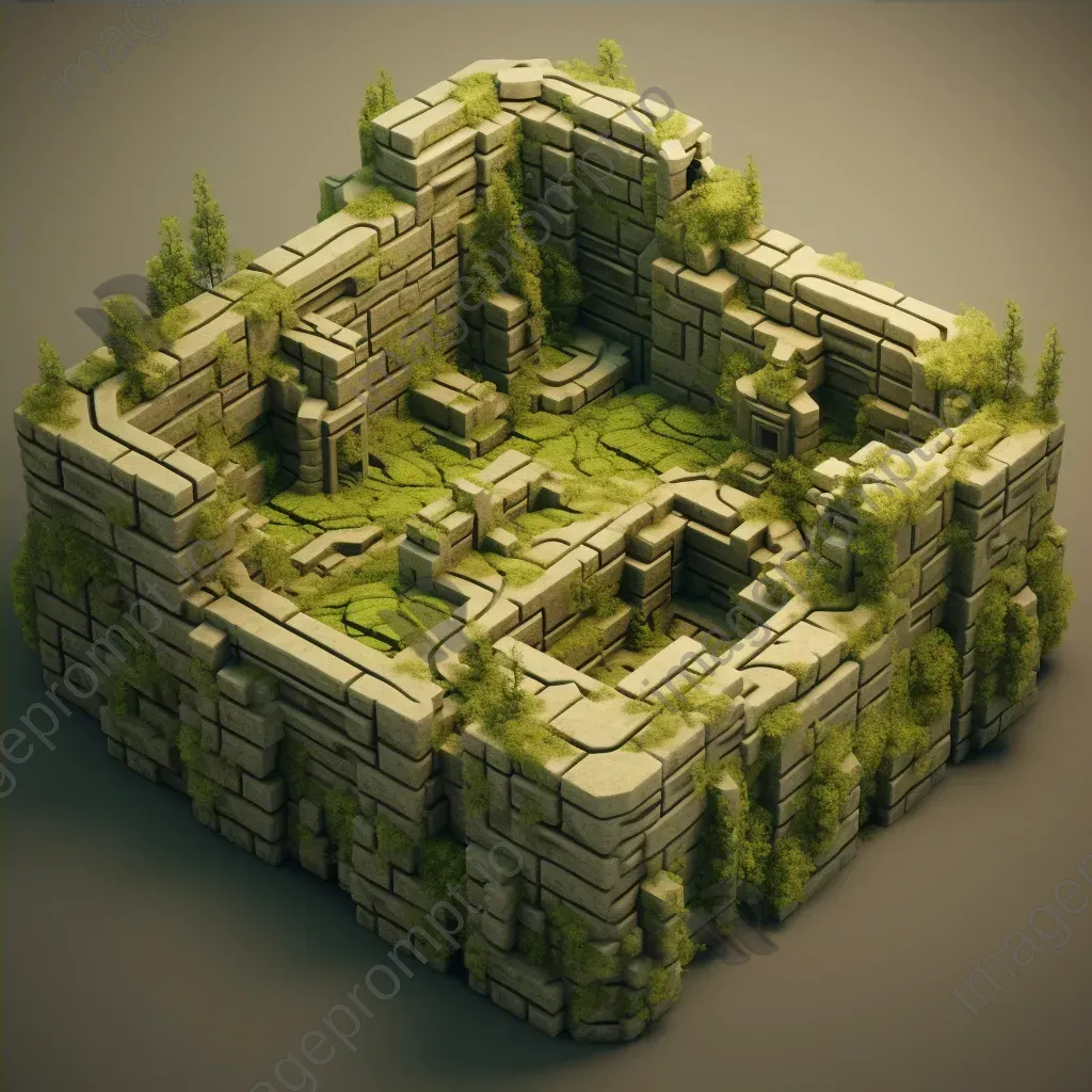 Isometric view of a low poly ancient labyrinth with moss-covered walls - Image 4