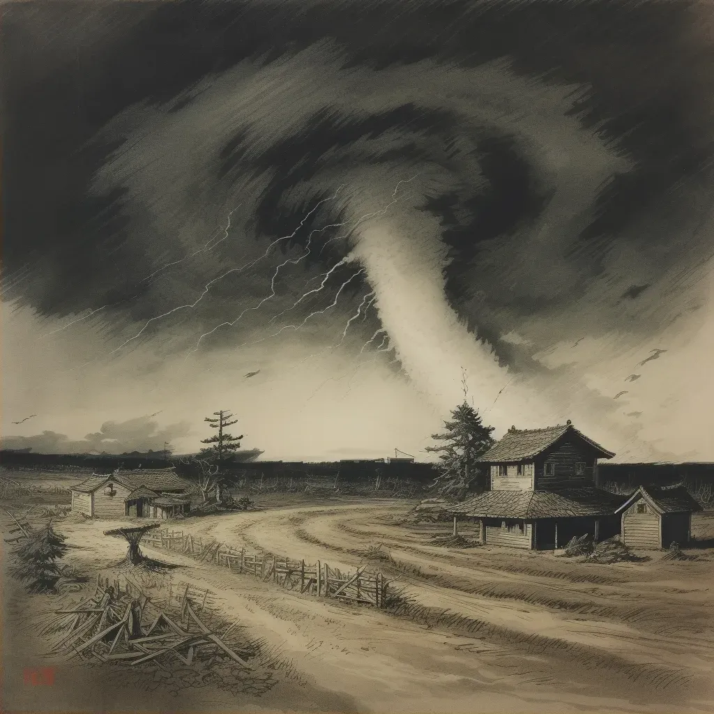 Tornado approaching rural farm under stormy sky - Image 2