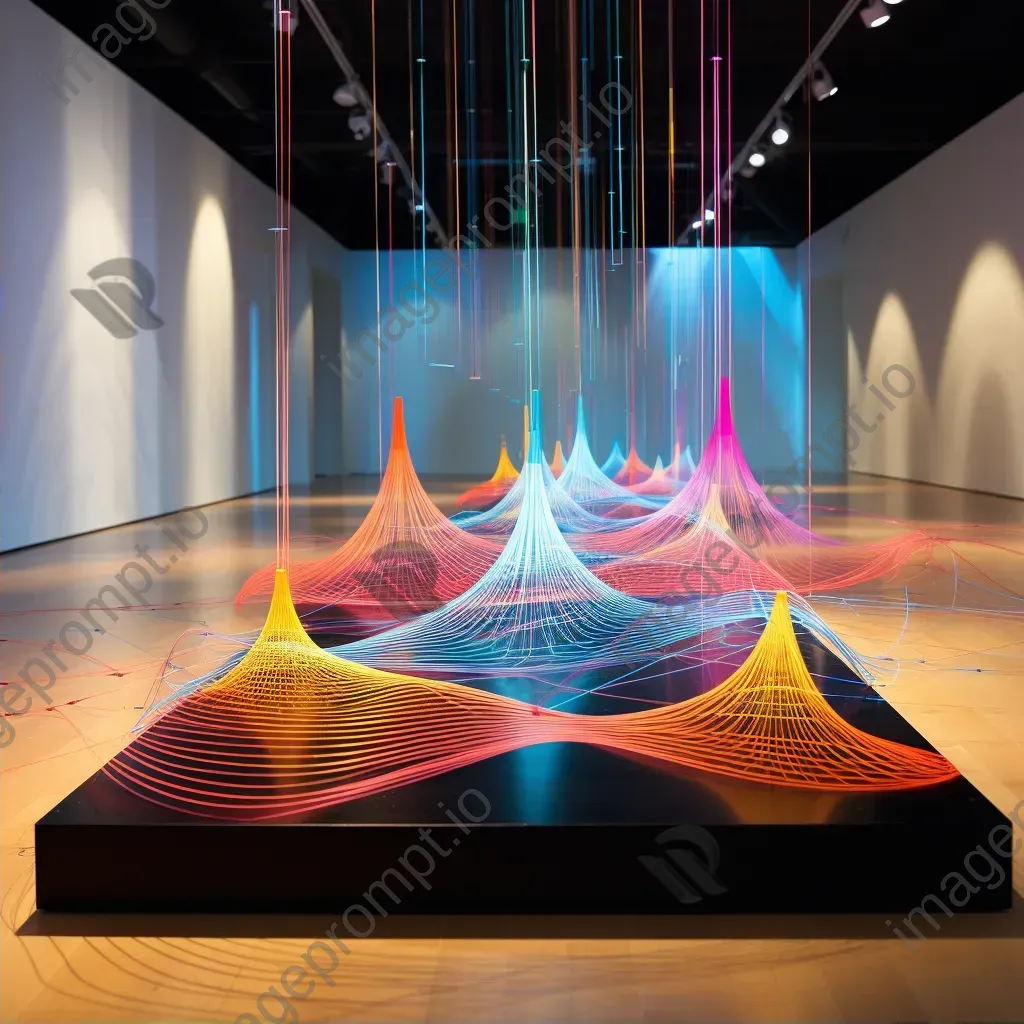 Vibrantly colored string art installation demonstrating sound waves