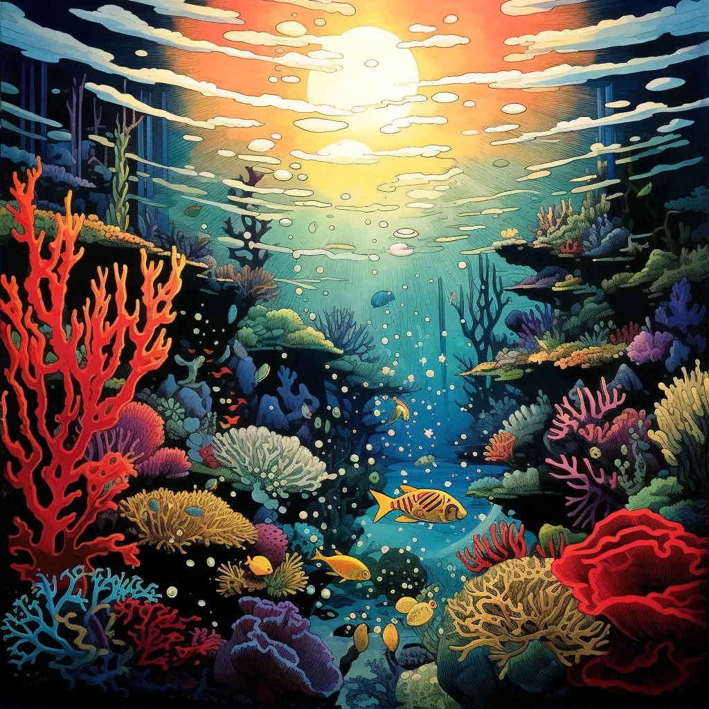 Colorful coral reef bustling with marine life, illuminated by sunlight filtering through clear blue water - Image 1