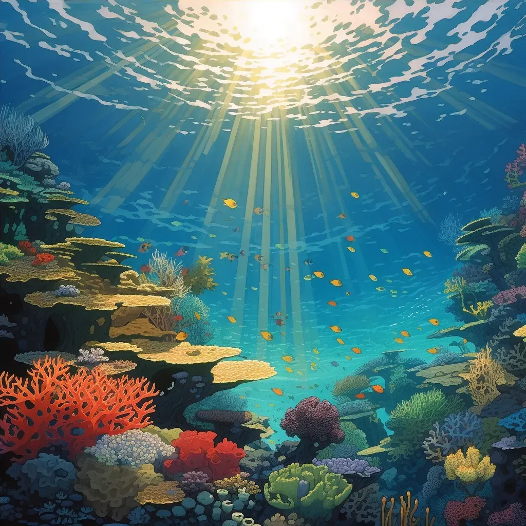 Colorful coral reef bustling with marine life, illuminated by sunlight filtering through clear blue water - Image 4