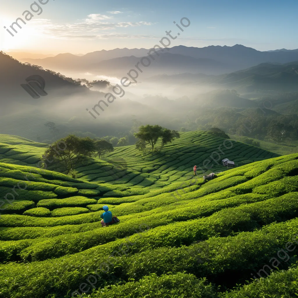 Tea workers harvesting leaves in a misty plantation at dawn - Image 1